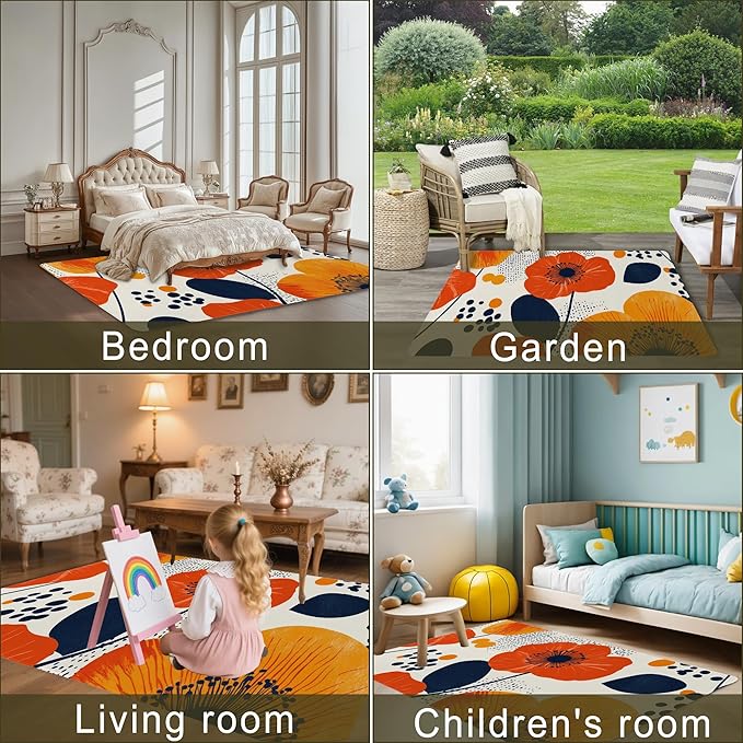 Boho Orange Flowers Autumn Carpet for Living Room, 5x7 Non-Slip Washable Low Pile Abstract Design Rug, Space Saving Area Rug for Bedroom, Dining Room
