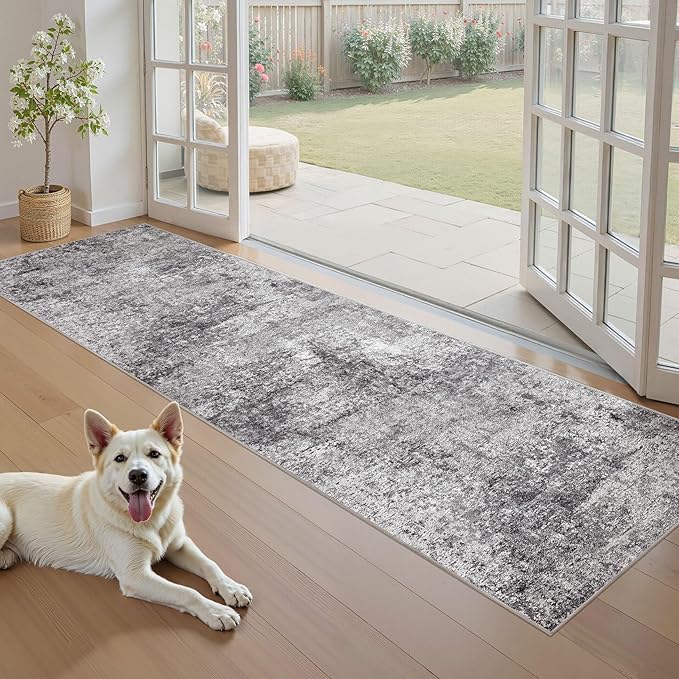 Washable Runner Rug for Hallway: 2x6 Neutral Modern Abstract Low Pile Area Rug with Non-Slip Backing - Carpet for Bedroom Kitchen Laundry Entryway Bathroom Indoor - Grey