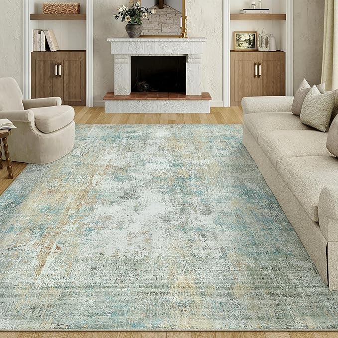 8x10 Washable Area Rug Teal Beige Abstract Living Room Bedroom Carpet Neutral Modern Non-Slip Soft Low Pile Lightweight Vacuumable Large Throw Rug for Dining Room