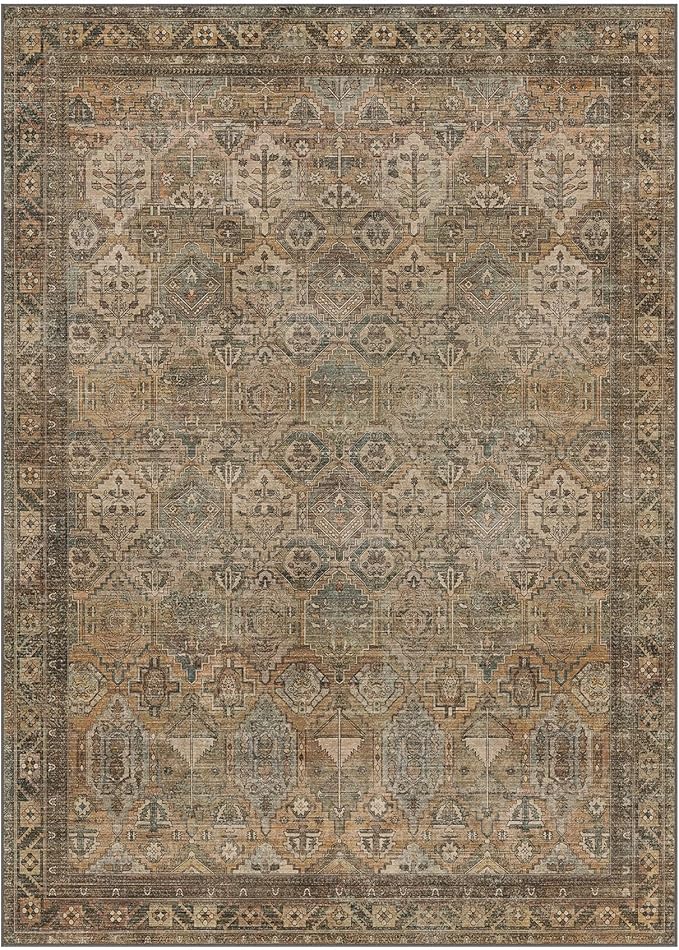 Bavni Washable Rug 10x14 Area Rug for Living Room Bedroom Dining, Washable Vintage Print Carpet, Ultra-Thin Chenille Low Pile Lightweight Rug with Non Slip Backing, Warm Taupe