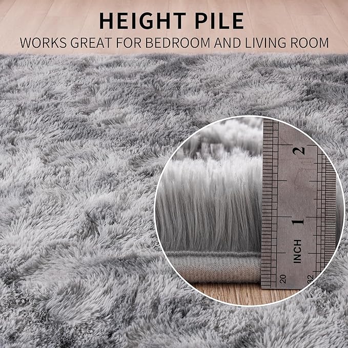 Beglad Fluffy Area Rugs 4x6 Feet, Modern Minimalist Style Shag Rugs, Non-Slip Indoor Carpet Soft Rugs for Bedroom, Living Room & Kids Room, Tie-Dyed Light Grey