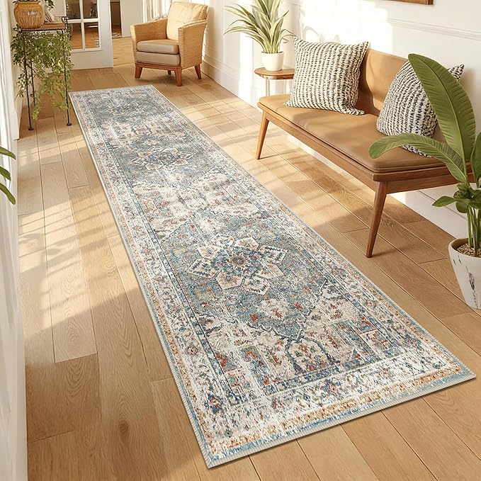 Enkor Runner Rugs for Hallway, 2x8 Washable Soft Boho Non Slip Floor Rugs for Kitchen, Modern Mat for Living Room Bedroom Entryway Beige & Green