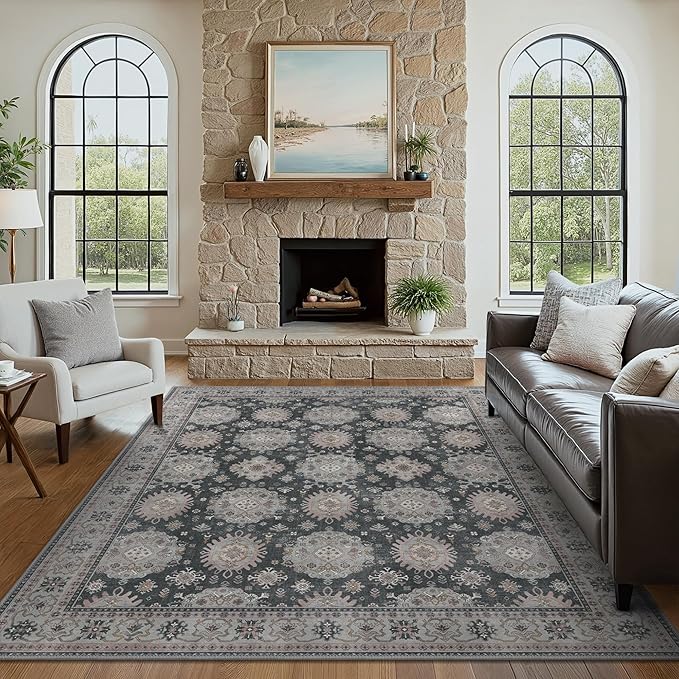 5x7 Area Rug Machine Washable Boho Rug for Living Room,Ultra-Thin Low Pile Carpet,Lightweight Indoor Printed Rug,Non Slip Floral Area Rug for Bedroom, Dining Room, Home Office,Black