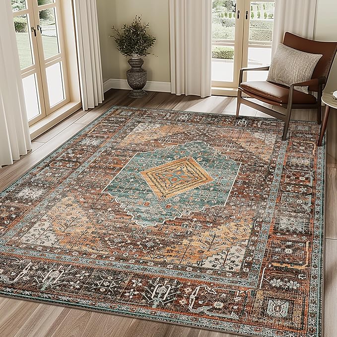 GENIMO 3x5 Area Rugs for Living Room, Machine Washable Non Slip Vintage Rugs, Low Pile Lightweight Chenille Print Rug for Bedroom, Dining Room, Home Office, Vintage Brown/Blue
