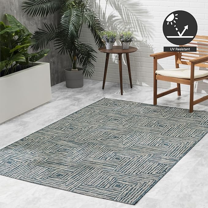FH Home Outdoor Rug - Waterproof Easy to Clean Stain Resistant - Patio Indoor Outdoor Porch Deck Balcony Entryway - Geometric Modern - Budapest - Aqua - 5ft 2in x 7ft 6in