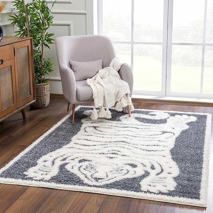 Hauteloom Tilos Moroccan Farmhouse Living Room Bedroom Nursery Shag Area Rug - Shaggy Carpet - Tiger Pattern - High Plush Pile - Dark Grey, Charcoal, Beige, Cream - 5'3" x 7'