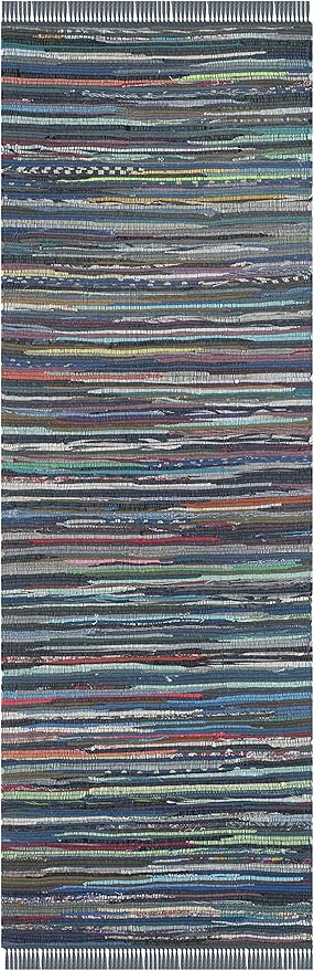 SAFAVIEH Rag Rug Collection Runner Rug - 2'3" x 7', Ink & Multi, Handmade Boho Stripe Cotton, Ideal for High Traffic Areas in Living Room, Bedroom (RAR121C)