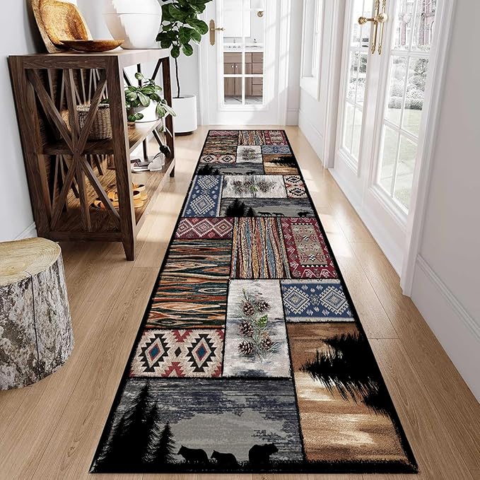 Rustic Country Woodland Rug, 2x7ft, Bohemian Forest Woodland Animal Bear Wolf Multicolor Country Rug, Southwestern Native American Hunting Hallway Carpet, Washable Fade Resistant Throw Rug