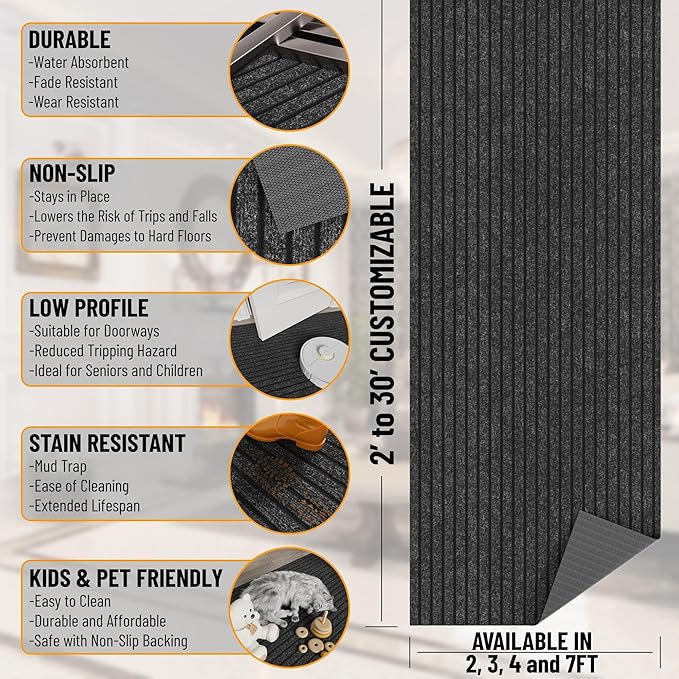 Ottomanson 2' x 9' Hallway Runner with Scraper Pile Extra Durable Non-Slip Rug Mat for Indoor & Outdoor Use - Ideal for Kitchen, Entryway, Patio & Garage - High-Traffic Carpet, Black