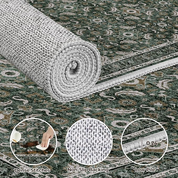 WITSHOCK Living Room Area Rugs 5x8: Soft Non-Slip Backing Washable Rugs Vintage Large Carpet for Bedroom Office Dining Room Kitchen Stain Resistant Home Decor Rug, Dark Green