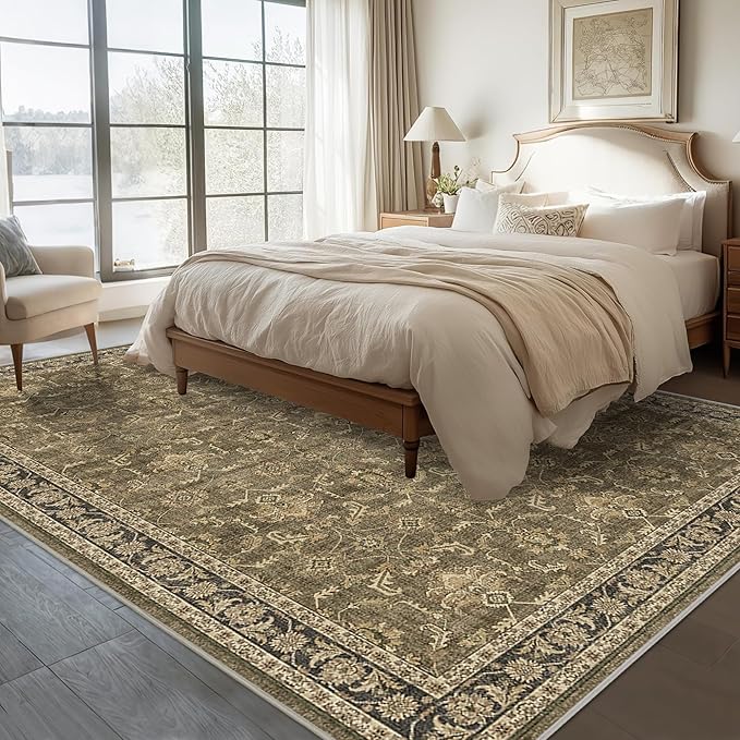 Washable Area Rug 5x7 Brown Rugs for Living Room, Vintage Boho Large Rug for Bedroom Dining Room Office, Distressed Floral Print Carpet for Under Table, Soft Non Slip Low Pile Throw Carpet Indoor Mat