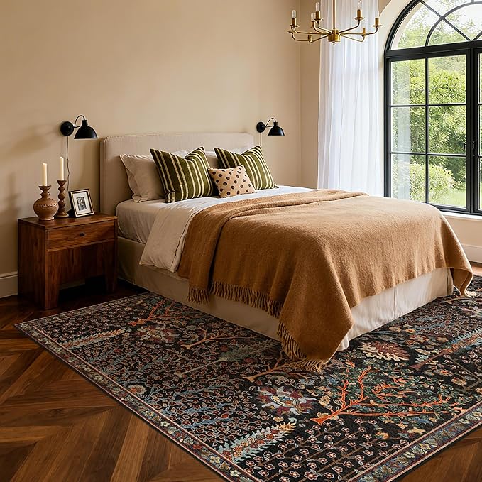 Kokia Boho Vintage Floral Area Rugs, Washable Oriental Botanical Rugs for Living Room, Bedroom, Dining Room, Office, Soft Indoor Area Rug, Wild Black，6x9
