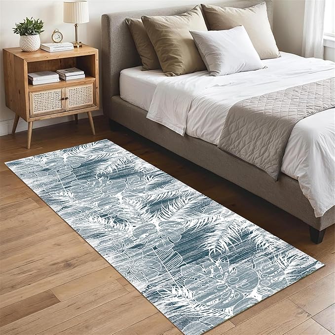 Blue White Tropical Runner Rug 2x7ft - Indoor Outdoor Non-Shedding Washable Carpet, Soft Durable Floor Mat for Patio, Hallway, Kitchen, Living Room