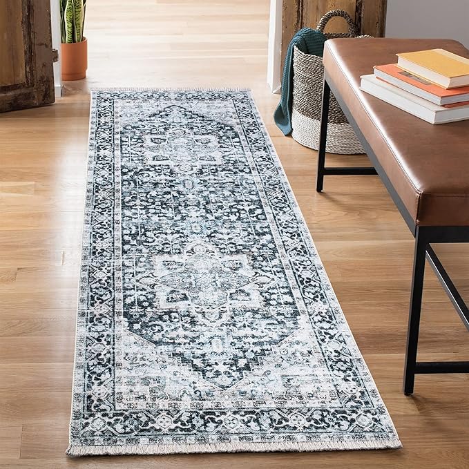 Bloom Rugs Caria Washable Non-Slip 12 ft Runner - Denim Blue Traditional Runner for Entryway, Hallway, Bathroom, and Kitchen - Exact Size: 2'6" x 12'