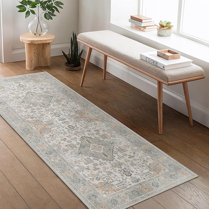 Bavni 2x7 Washable Runner Rug for Hallway, Vintage Grey Rug with Non-Slip Backing, Oriental Distressed Print Indoor Kitchen Runner, Low Pile Thin Soft Small Rugs for Entryway, Bedroom, Laundry Room