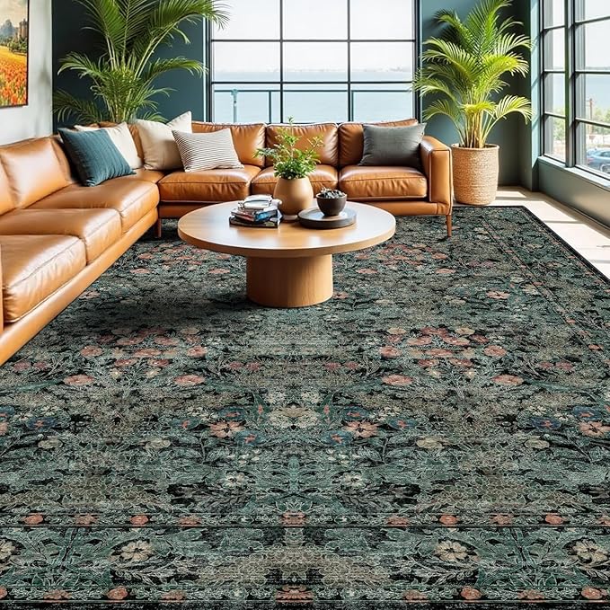 Farmhouse 9x12 Dark Green Floral Living Room Area Rugs, Large Washable Vintage Distressed Rug for Bedroom, Dining Room Under Table, Moody Low Pile Non-Slip Retro Carpet, Soft Boho Art Deco Mat