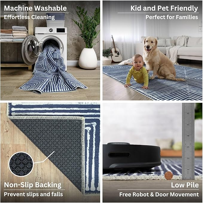 Bloom Rugs Washable Non-Slip 10 ft Runner - Blue Striped Runner for Entryway, Hallway, Bathroom, and Kitchen - Exact Size: 2.5' x 10'