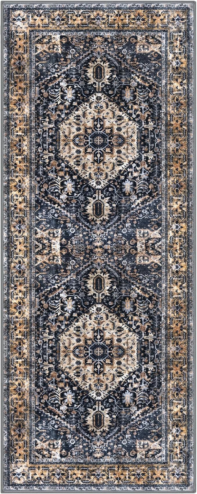 KOZYFLY Runners for Hallways 2x5 Ft Washable Kitchen Runner Rug Boho Runner Rug for Entryway Indoor Gold Navy Printed Oriental Faux Wool Floor Carpet Runner for Laundry Room Kitchen Hall