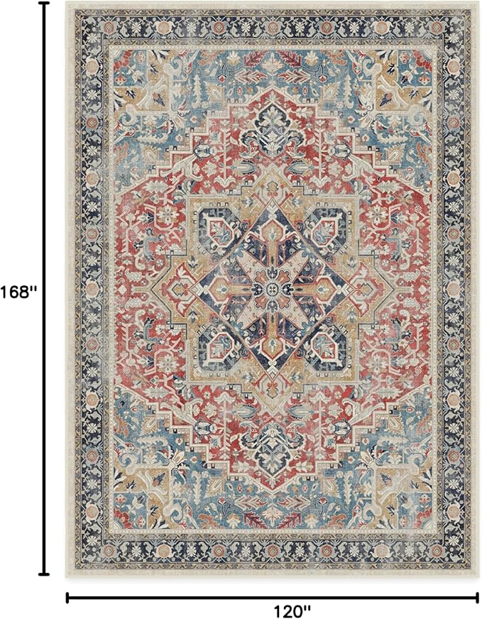 RUGGABLE Washable Vintage Area Rug – Kamran Cayenne Red 10x14, Stain-Resistant, Non-Slip – Large Machine Washable Rugs for Living Room, Bedroom, Hallway, Entryway & Office–with Standard Pad