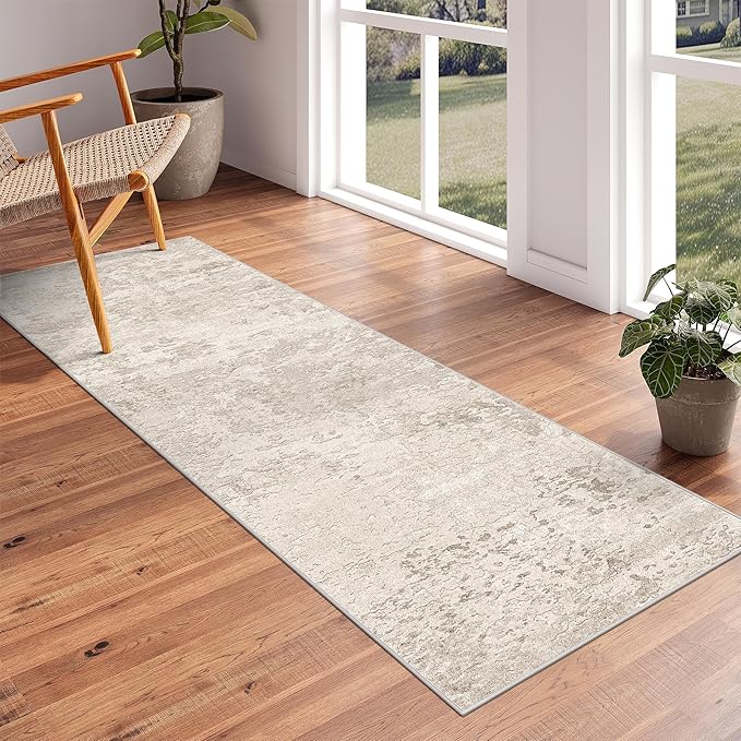 Art&Tuft Non-Slip Runner Rug - 2.5x8 Runner Rug Washable Low-Pile Rugs Runners, Soft Distressed Carpet Runner for Bedroom Bathroom Kitchen Laundry Living Room, Beige