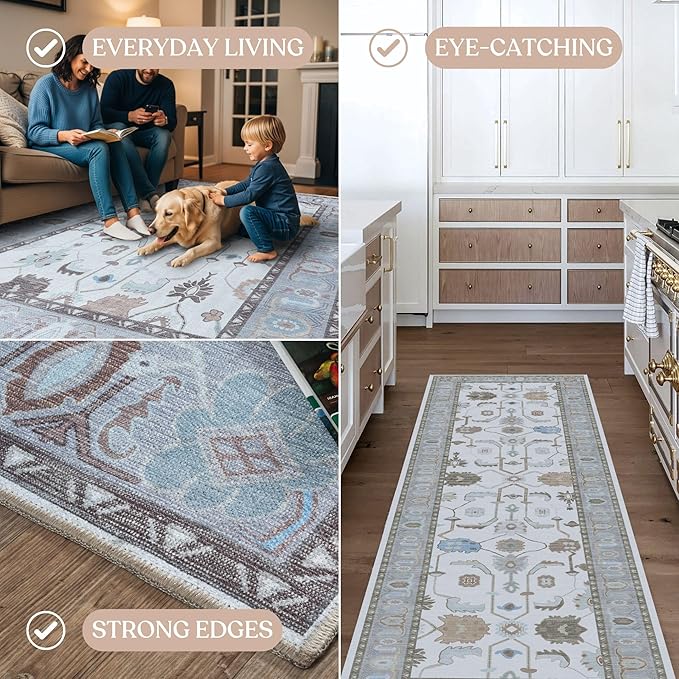 Fame Living Cream Grey Oushak Rug, Modern, Vintage, Turkish, Eclectic, Floral, Pastel, Washable, Extra Large Area Rugs for Living Room, Dining, Bedroom, Lounge, 9'x12'