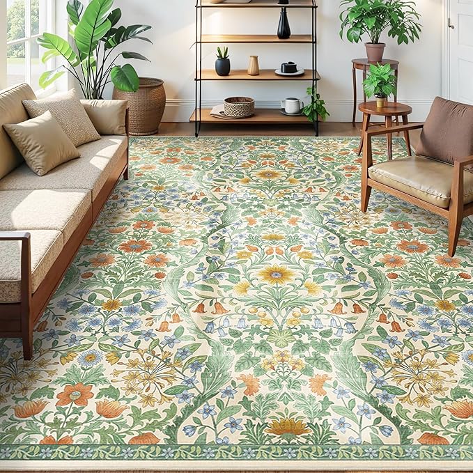 8x10 Washable Area Rug for Living Room, Large Vintage Grass Green Floral Rugs, Soft Non-Slip Stain Resistant Boho Lightweight Carpet for Bedroom Dining Room Nursery Home Office
