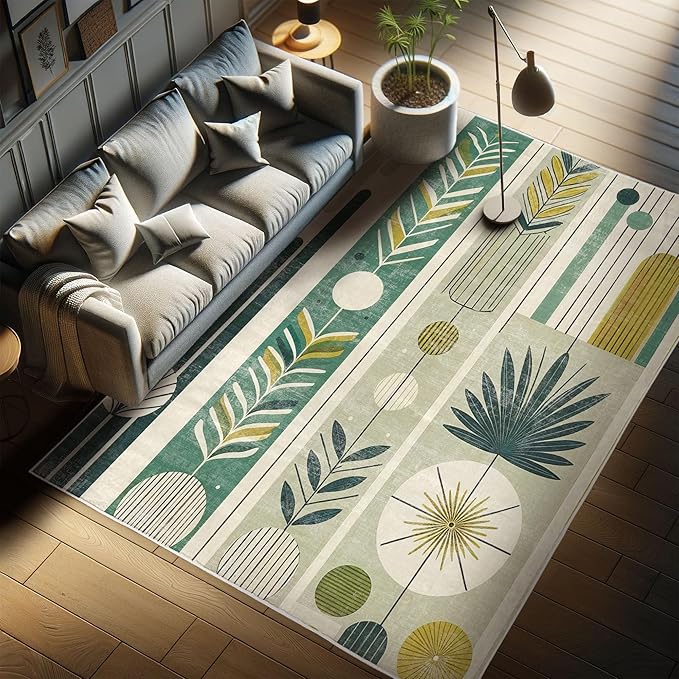 Ambesonne Mid Century Modern Decorative Rug, Abstract Circles Leaves and Stripes in Nature Color Palette, Quality Carpet for Bedroom Dorm and Living Room, 2' 2" x 3' 7", Fawn Teal Pale Green