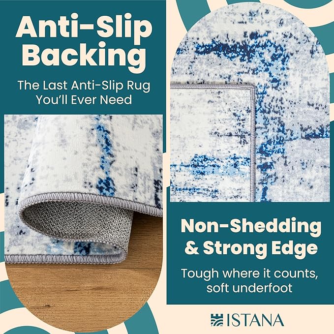 Istana Living Room Rug 10x14 - Blue/White 10 x 14 Area Rug - Foldable Machine Washable Area Rugs 10x14 - Stylish 10x14 Area Rugs Boho - Stain Resistant Washable Rug 10x14