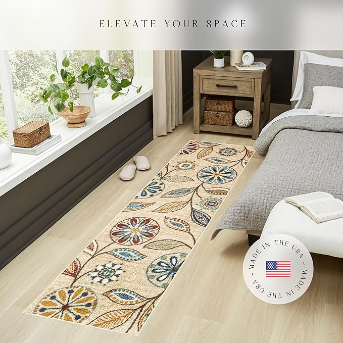 Maples Rugs Reggie Floral Runner Rug - Made in USA - Washable, Non Slip Indoor Carpet for Kitchen, Hallway, and Laundry Room, 2' x 7', Beige