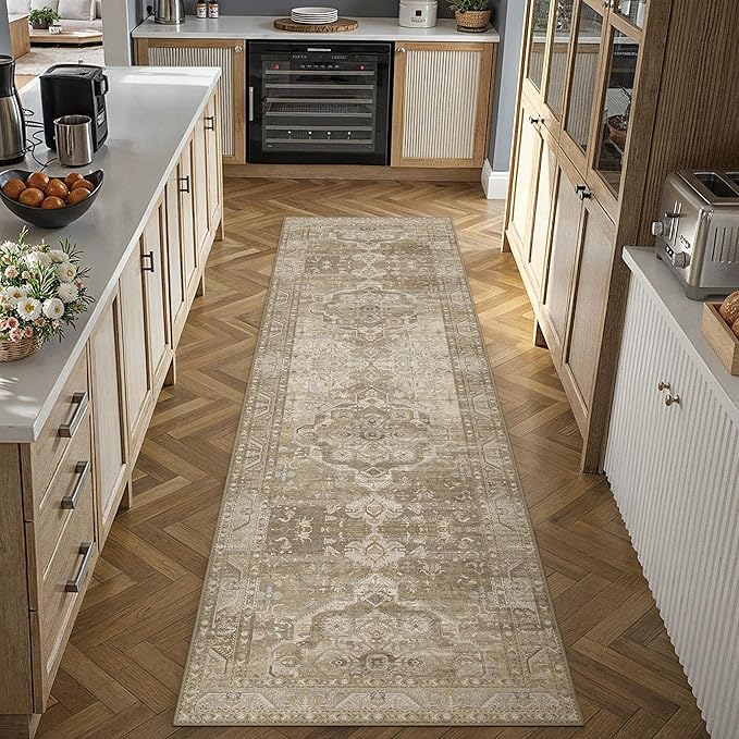 2x8 Washable Vintage Runner Rug for Living Room Bedroom Non Slip Distressed Traditional Soft Runner Rug Beige Brown Low Pile Lightweight Floral Runner Kitchen Hallway Balcony