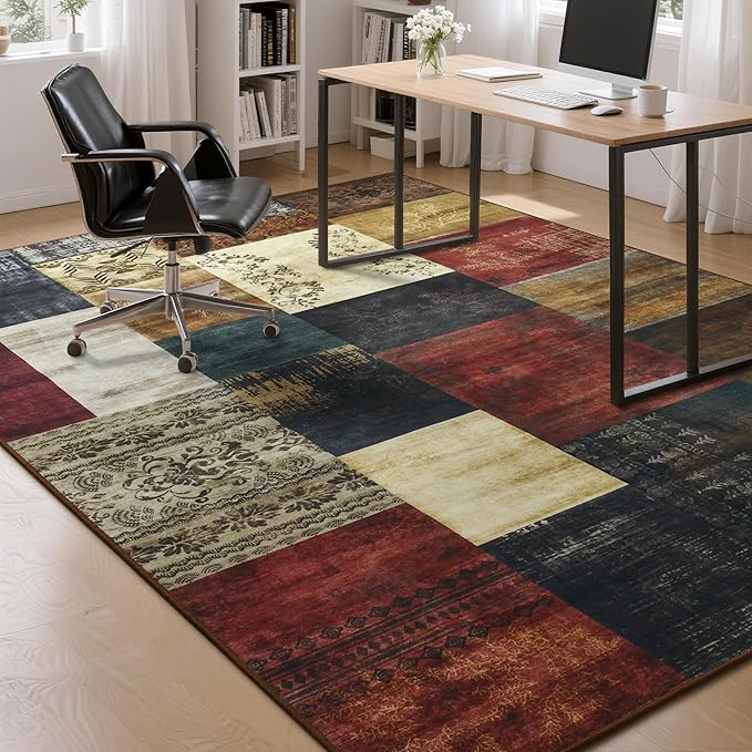 Tepook Modern Area Rug for Living Room, 4x6 Geometric Large Rugs for Bedroom, Washable Patchwork Rug Indoor Non-Slip Throw Carpets for Dining Room Office Farmhouse Home Decor, Multi