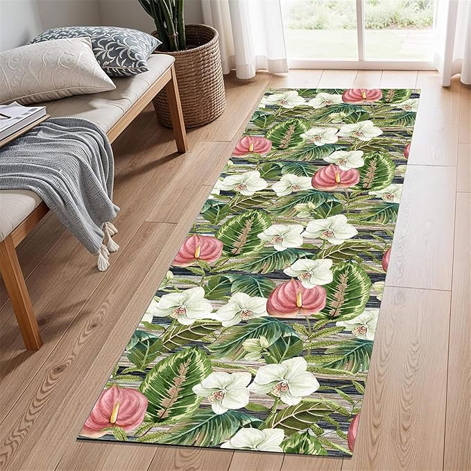 Runner Rug 2.6x10ft Non-Slip - Tropical Floral Watercolor Boho with Orchids & Leaves - Washable Entryway Carpet for Hallway, Bedroom, Dining Room - Green Pink Design