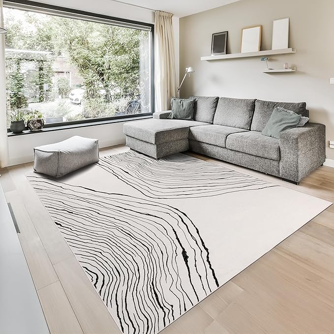 GLN Rugs Contemporary Collection - Machine Washable Area Rug, Contemporary Washable, Non Slip, Low Pile Chenille Rug, Living Room, Bedroom, Kitchen Rug (3' x 5' Beige Black)