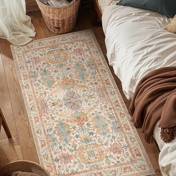 Bavni Area Rug 3x5, Non-Slip Washable Rugs for Living Room Office, Boho Distressed Printed Rug, Low Pile Foldable Decorative Carpet for Bedroom Kitchen Office, Turmeric
