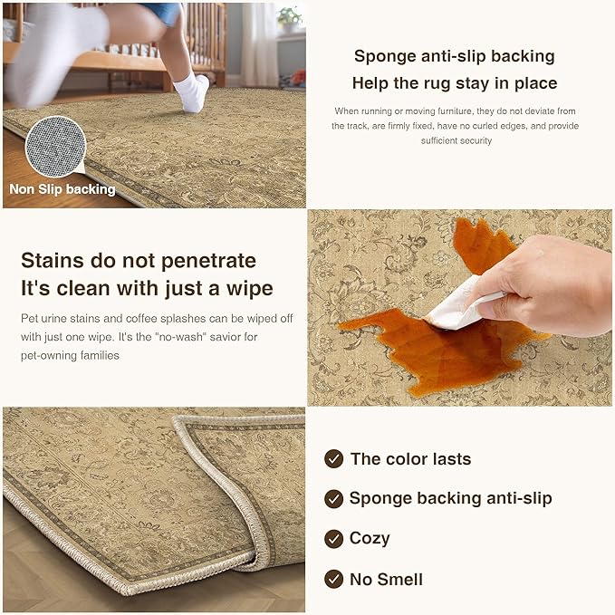 HUGEAR 5x7 Machine Washable Area Rugs Vintage Brown - Neutral Living Room Bedroom Rug Non Slip Stain Resistant Low Pile Aesthetic Throw Carpet Kids & Pet Friendly