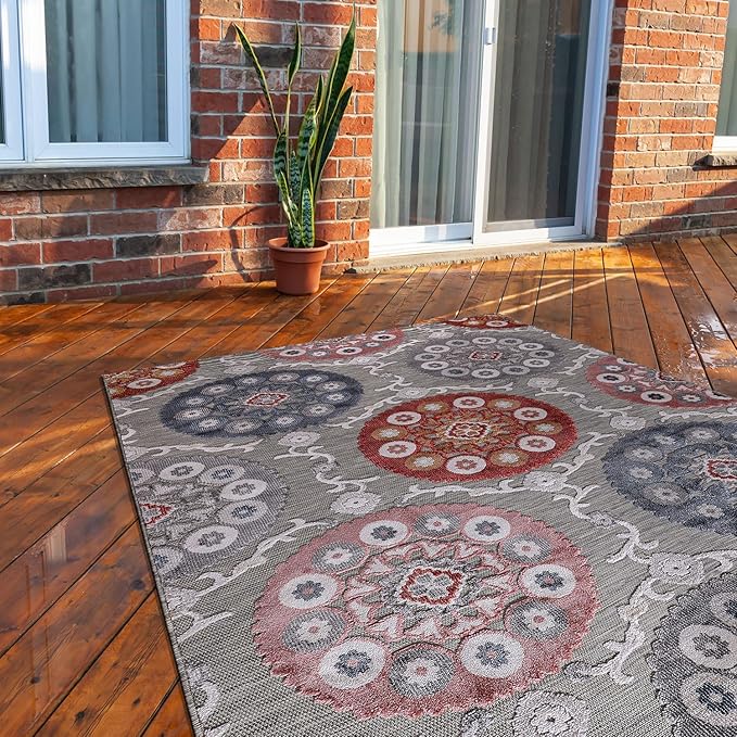 CAMILSON Indoor Outdoor Rug 6x9 Bohemian Medallion Floral Area Rugs for Indoor and Outdoor Patios Easy-Cleaning Non-Shedding Living Room Garden and Kitchen Washable Outside Carpet (6 x 9 / Multicolor)