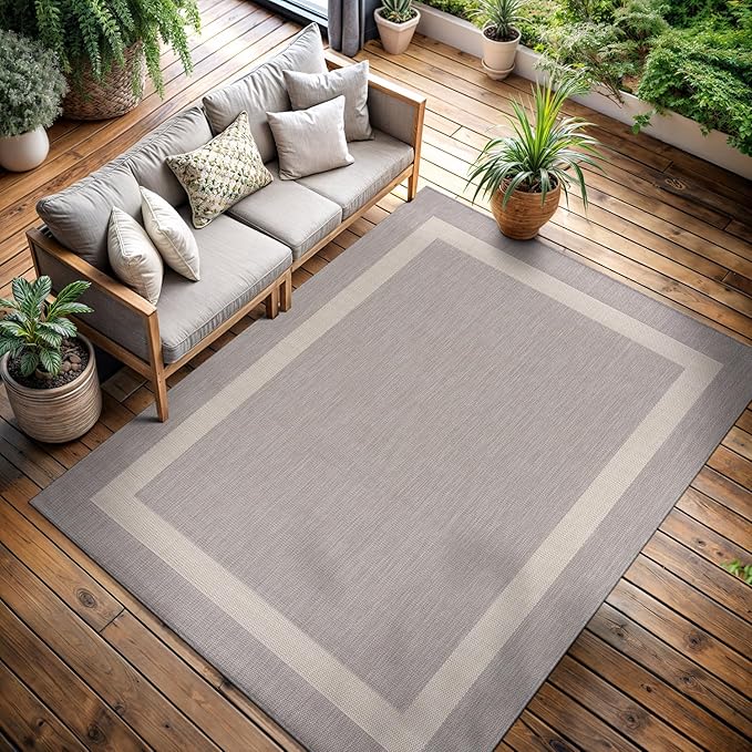 CAMILSON Outdoor Rug 5x7,Modern Outside Rugs for Patios Porches Waterproof Durable Washable Non-Shedding, Easy-to-Clean Indoor Outdoor Area Carpet (5 x 7, Bordered - Gray/White)