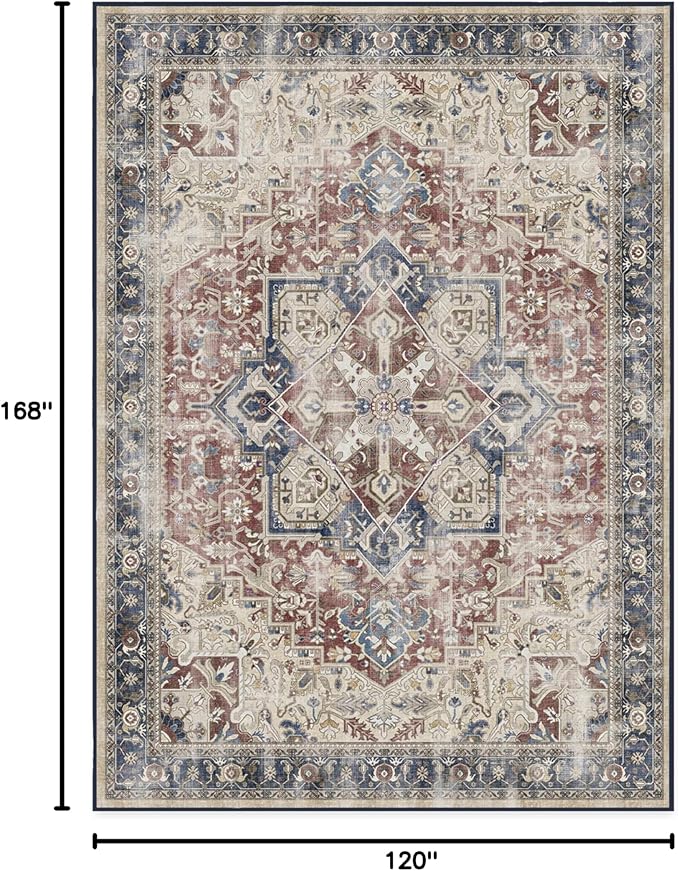 RUGGABLE Washable Area Rug – Kamran Royal Blue 10x14, Stain-Resistant, Non-Slip – Large Machine Washable Rugs for Living Room, Bedroom, Hallway, Entryway & Office–with Standard Pad