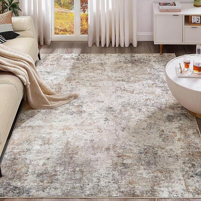 7x10 Area Rug Living Room Rugs - Washable Neutral Modern Abstract Soft Thin Large Rug Indoor Floor No Slip Rug Carpet for Bedroom Under Dining Table Home Office Decor - Brown Grey