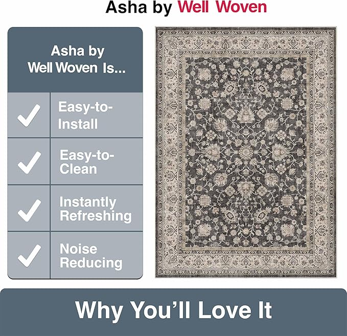 Well Woven Asha Rome Black 9'10" x 13' Area Rug - Oriental Floral Pattern, Easy Clean, Floor-Friendly Backing - for Living Room, Bedroom, and Dining Room