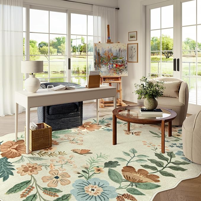 Lahome Floral Washable 6x9 Area Rugs, Soft Bedroom Rug for Living Room Ultra-Thin Non Slip Dining Room Rug, Stain Resistant Boho Rugs Easy Clean Throw Carpet for Office(6'x9',Beige)