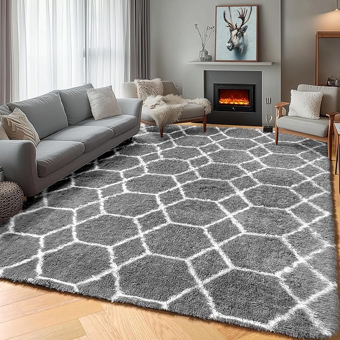 ONASAR 5x7 Area Rugs for Living Room Bedroom, Washable Fluffy Grey and White Faux Fur Bedside Rug, Geometric Boho Soft Plush Shaggy Floor Carpet Mat for Nursery Kids Girls Teen Dorm Home Decor