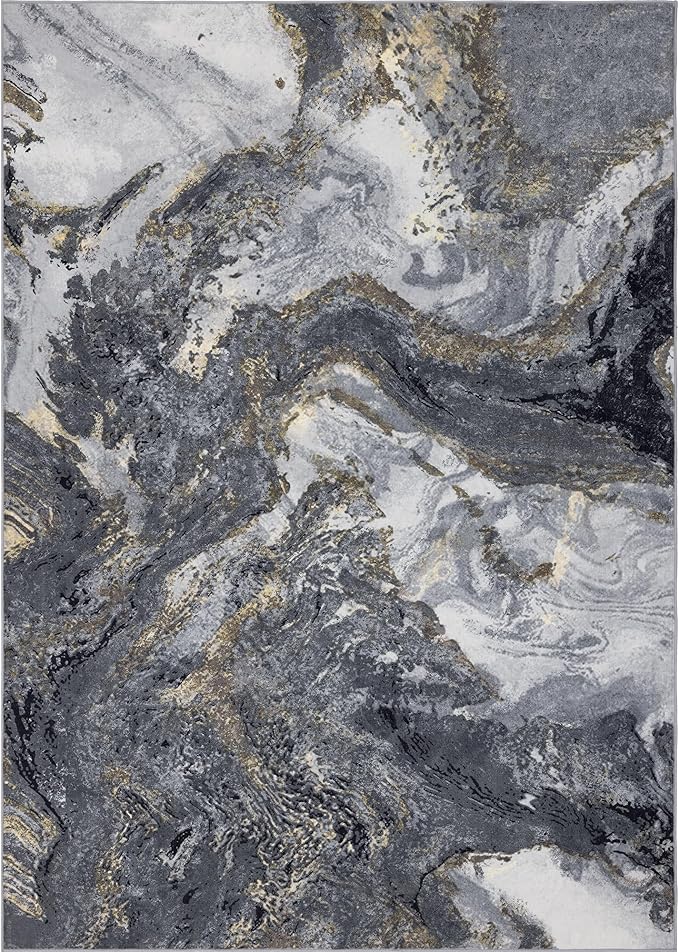 Abstract 5x7 Area Rugs: Modern Washable Rug for Living Room Bedroom Dining Room Indoor - Thin Low Pile Non-Slip Large Carpet - Black Gold