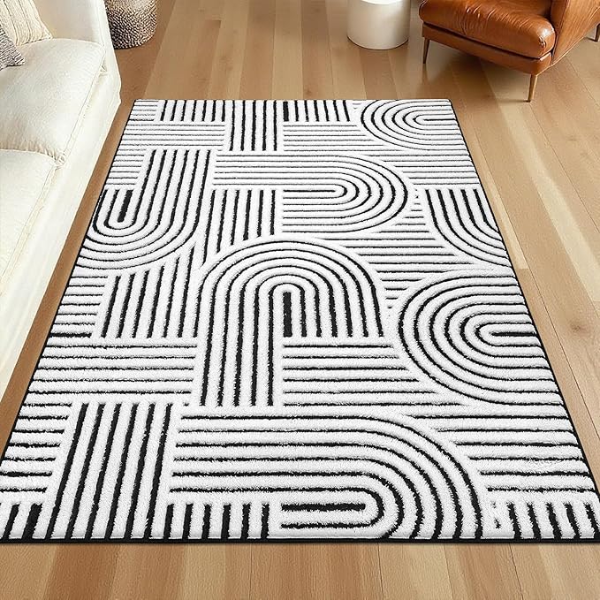 SHACOS Soft Cozy Fluffy Arch Pattern High Low Pile Runner Rugs 2'x6' Non Slip Washable Rug Runners Modern Geometric Arc Carpet for Bedroom Bathroom Hallway, Black White