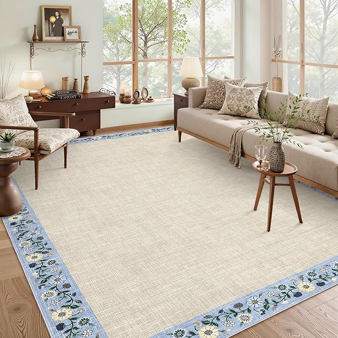 GarveeHome Washable Living Room Rug 9x12 Floral Bordered Area Rugs Soft Thin Indoor Carpet for Bedroom Modern Throw Aesthetic Mat Non Slip Stain Resistant Carpet for Dining Room Office, Beige