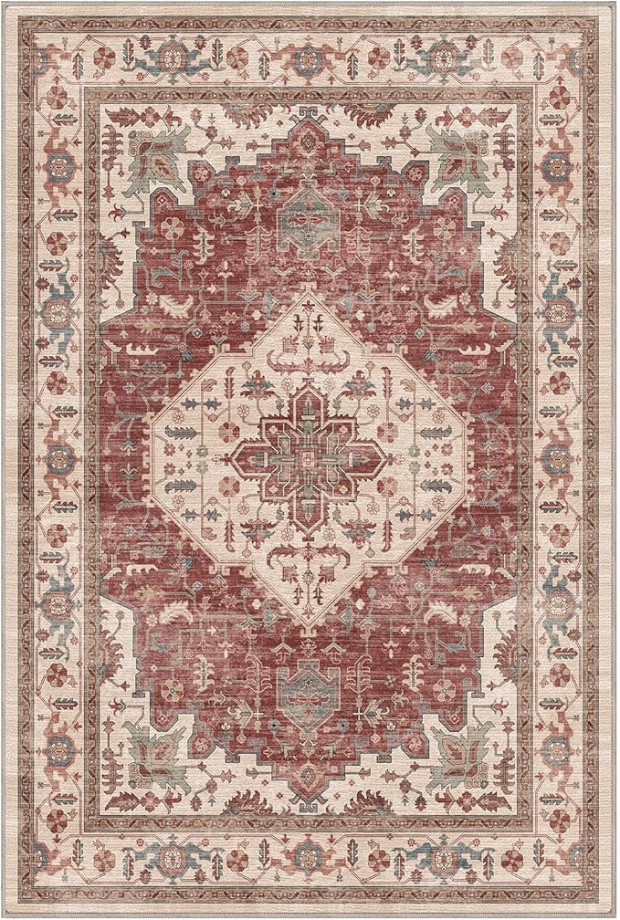 LUMI 5x8 Washable Area Rug for Living Room, Ultra Soft Traditional Vintage Red Rugs Non Slip with Rubber Backing, Low Profile, High Traffic, Stain Resistant Carpets, Ideal for Bedroom, Dining Room