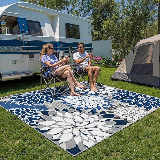 5x8 Outdoor Area Rug Washable Multicolored Patio Rug Tropical Botanical Floral Chenille Waterproof Outdoor Carpet for Living Room, Deck, Backyard, Porch, Black