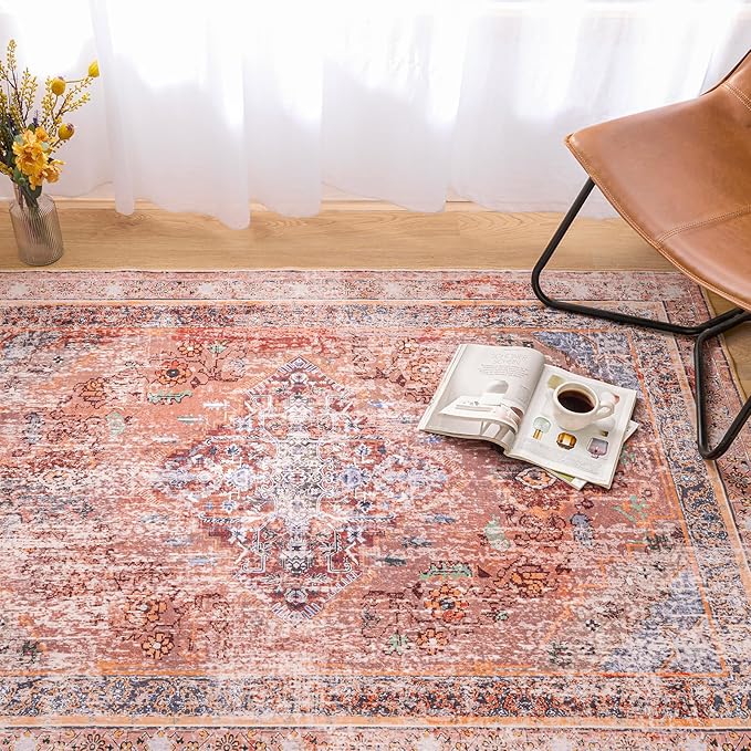 Phantoscope Washable Area Rug 5'x7' Non-Slip, Vintage Neutral Fall Rugs for Living Room, Bedroom, Dining Room, Distressed Boho Medallion Pattern, Low-Pile Foldable Floor Carpet, Rust Orange