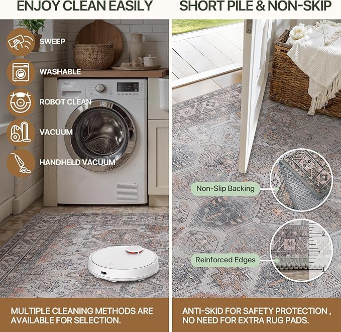 Bavni 2x3 Entryway Rug Bathroom Rugs for Front Door Bedroom Bathroom Kitchen, Washable Vintage Print Carpet, Ultra-Thin Chenille Lightweight Rug with Non Slip Backing, Retro Grey