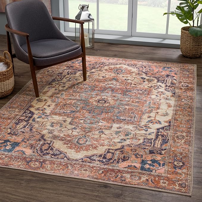 Bloom Rugs Washable Non-Slip 2' x 3' Rug - Beige/Terracotta Traditional Oriental Area Rug for Living Room, Bedroom, Dining Room, and Kitchen - Exact Size: 2' x 3'